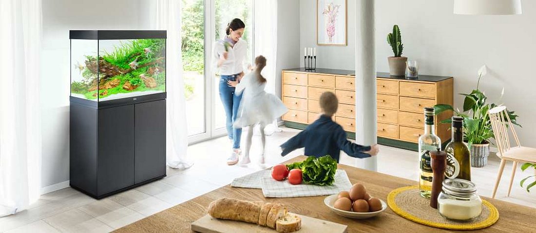 Schwarzes Aquarium steht im Wohnzimmer und Kinder spielen