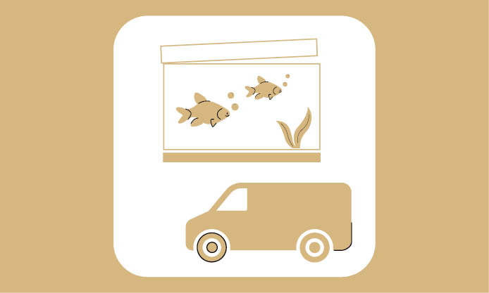 Kachel mit zwei Piktogrammen: oben ein Aquarium mit zwei Fischen, darunter ein Lieferwagen